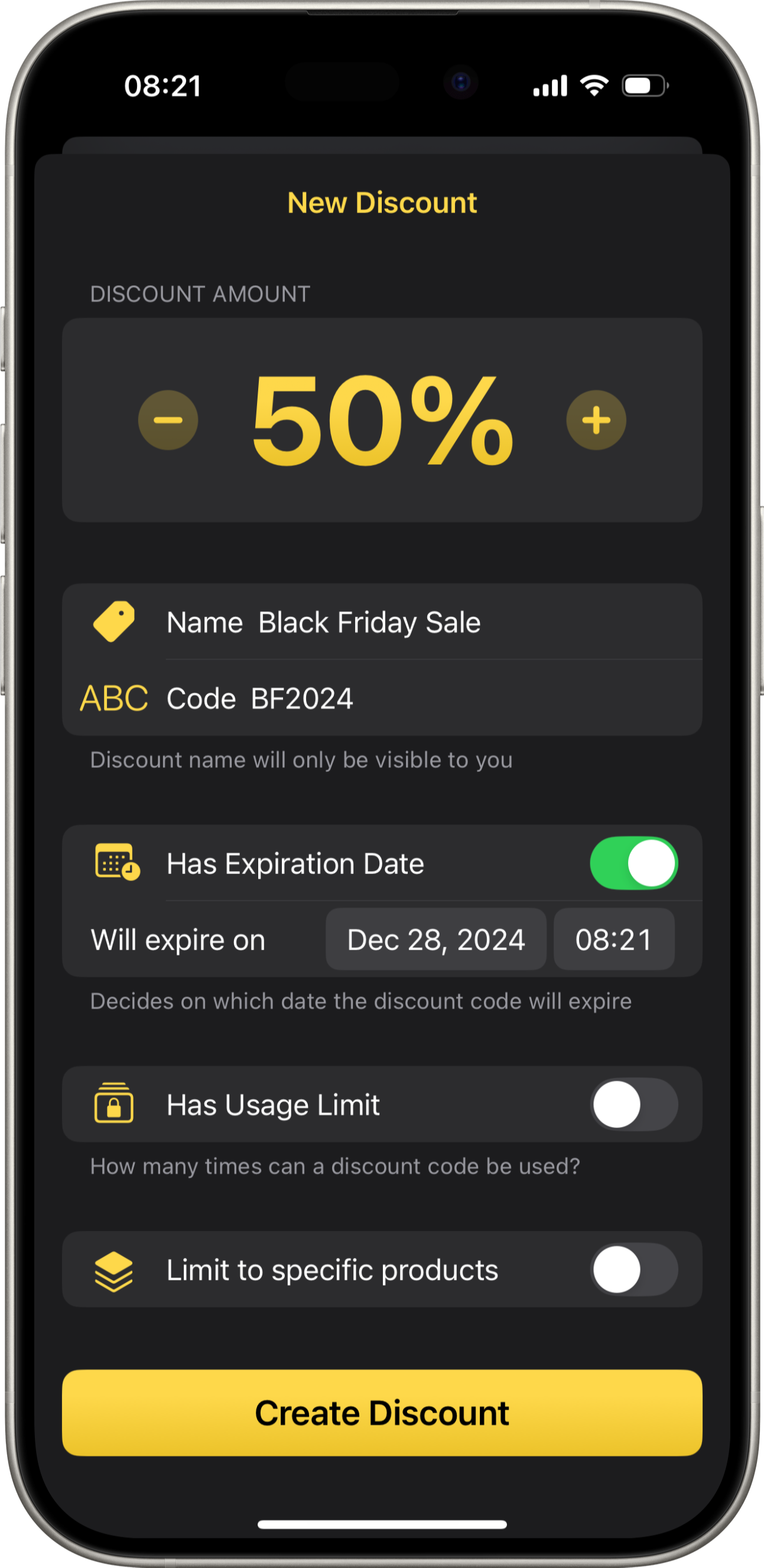 Create Product discounts with just a few taps.